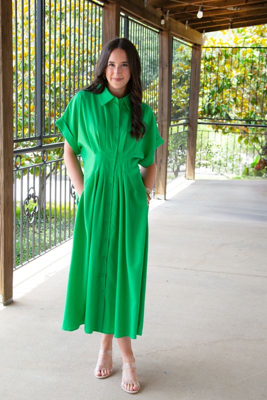 Cool to the Touch Cuff Sleeve Pleated Midi Dress
