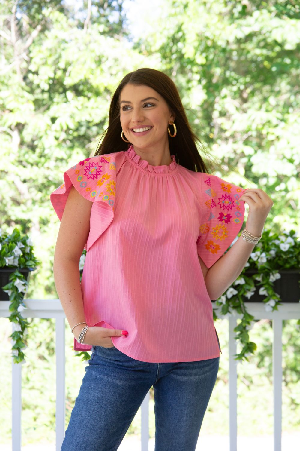 Wandering Eyes Embroidered Flutter Ruffle Sleeve Top