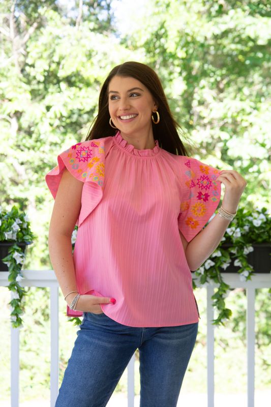 Wandering Eyes Embroidered Flutter Ruffle Sleeve Top