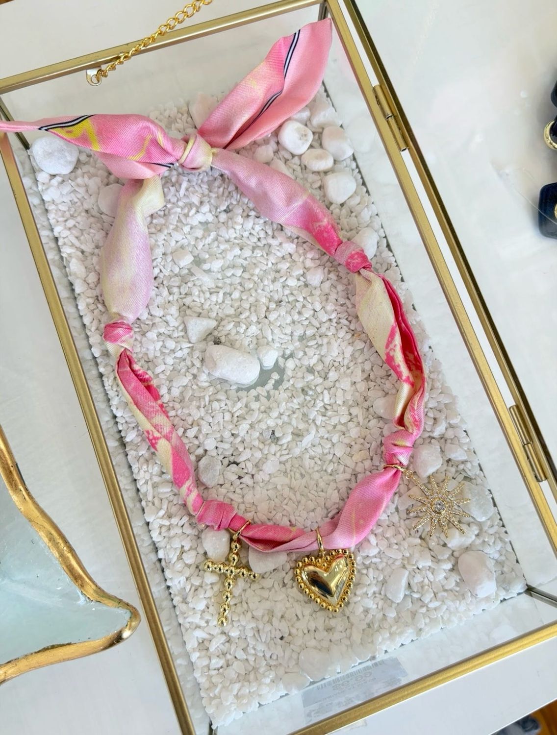 Scarf Bandana Charm Necklace, Color: PINK/WHITE/STARBURST
