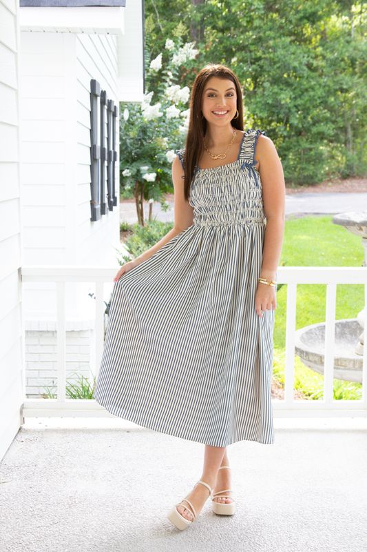 All She Wants Sleeveless Smocked Striped Midi Dress
