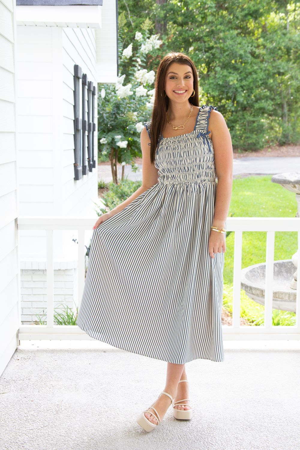 All She Wants Sleeveless Smocked Striped Midi Dress