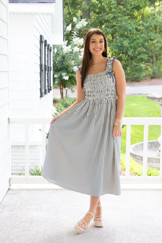 All She Wants Sleeveless Smocked Striped Midi Dress
