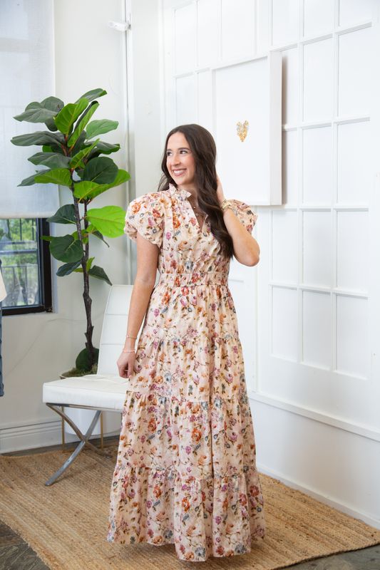 Sicily Sweetheart Floral Bubble Puff Sleeve Midi Dress