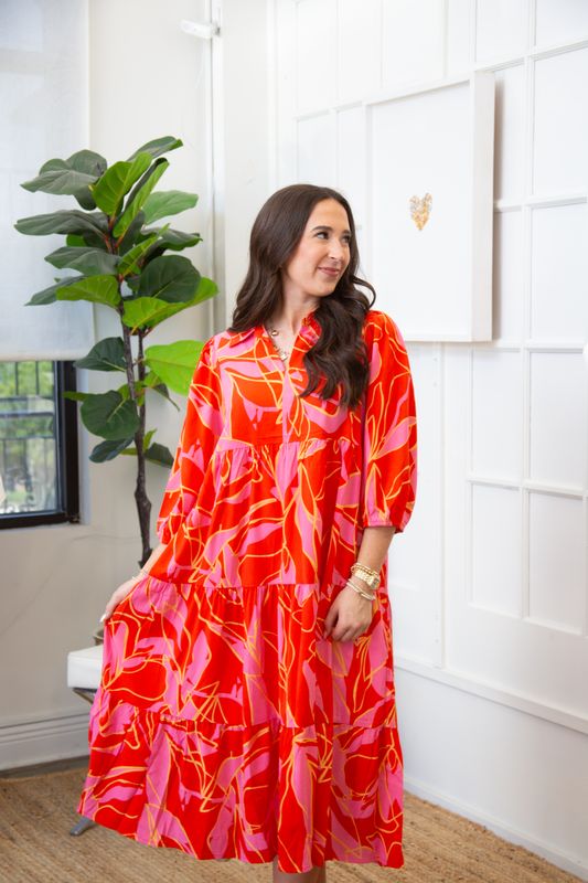 Bright Sky Printed Collared V Neck Midi Dress