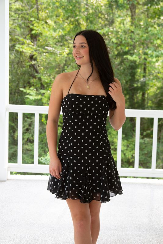 Glowing Presence Halter Polka Dot Mini Dress