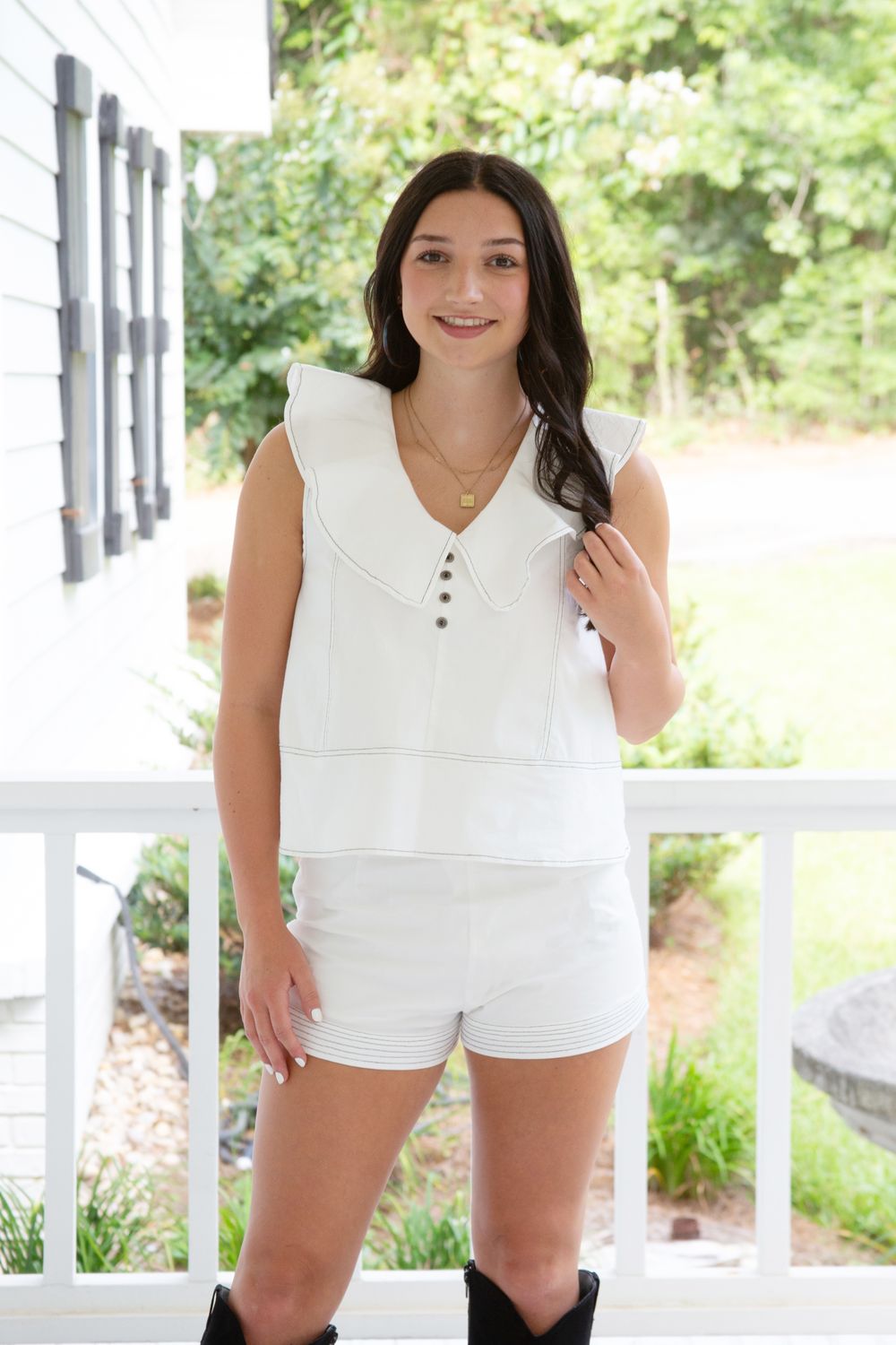 Talk Through It Contrast Stitching Detail Ruffle Collar Top
