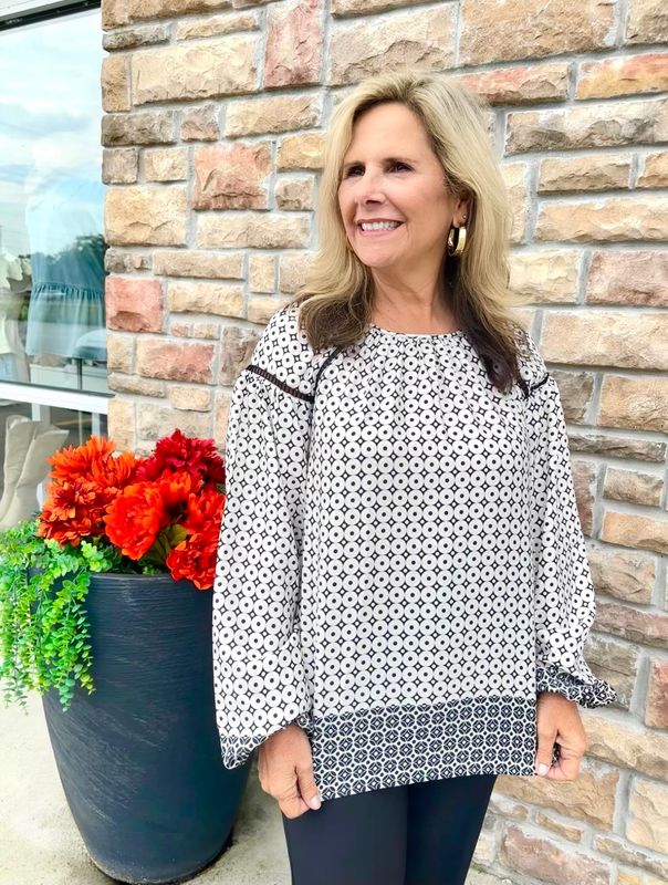 Bringing You Up Geo Border Print Satin Lace Top