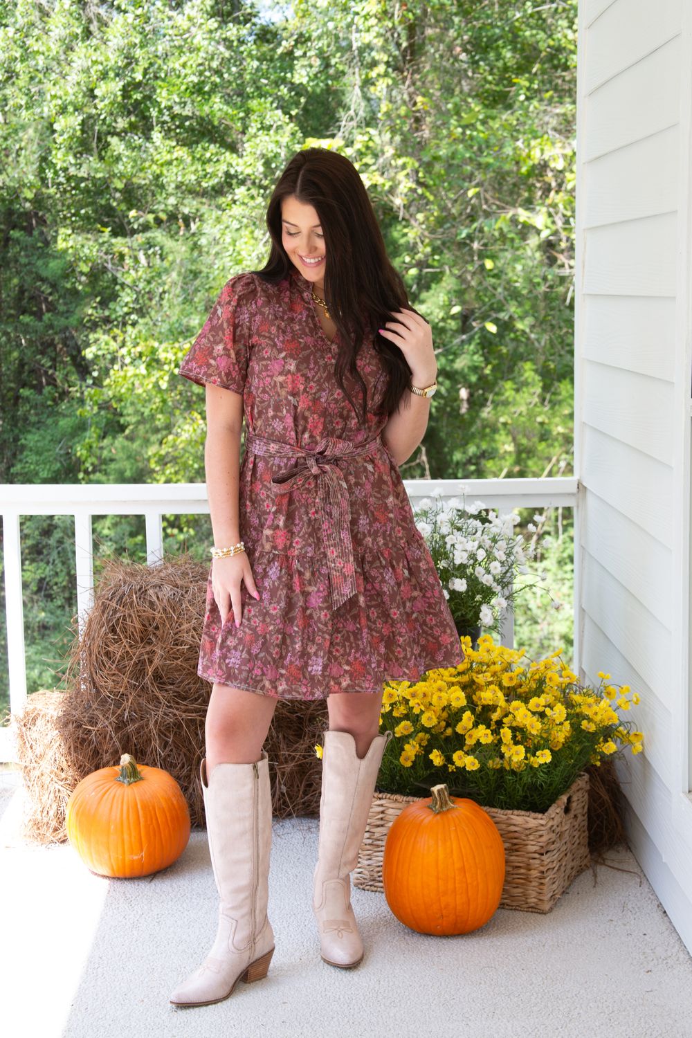 Harvest Honey Short Sleeve Wooven Floral Print V Neck Mini Dress