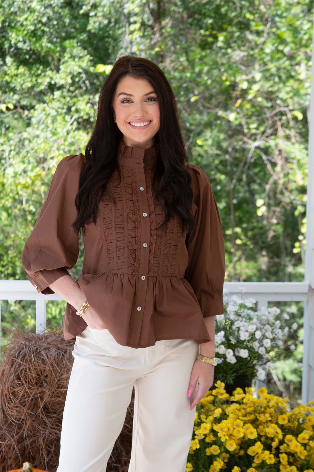 Pushing Through Ruffle Hem Ruched 3/4 Sleeve Top