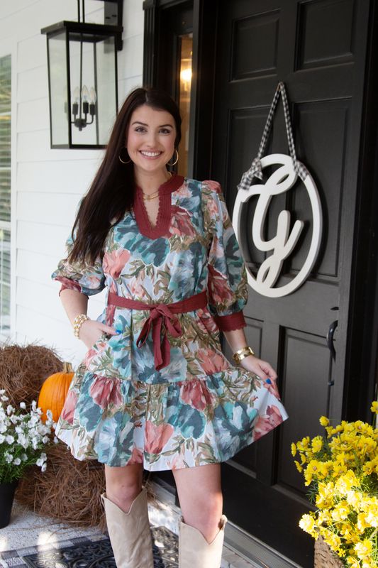 Dawning Darling Botanical 3/4 Sleeve Scallop Mini Dress
