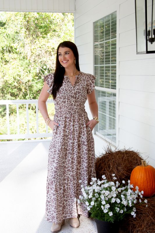 Can&#39;t Catch Up Ruffle Tiered Leopard Maxi Dress