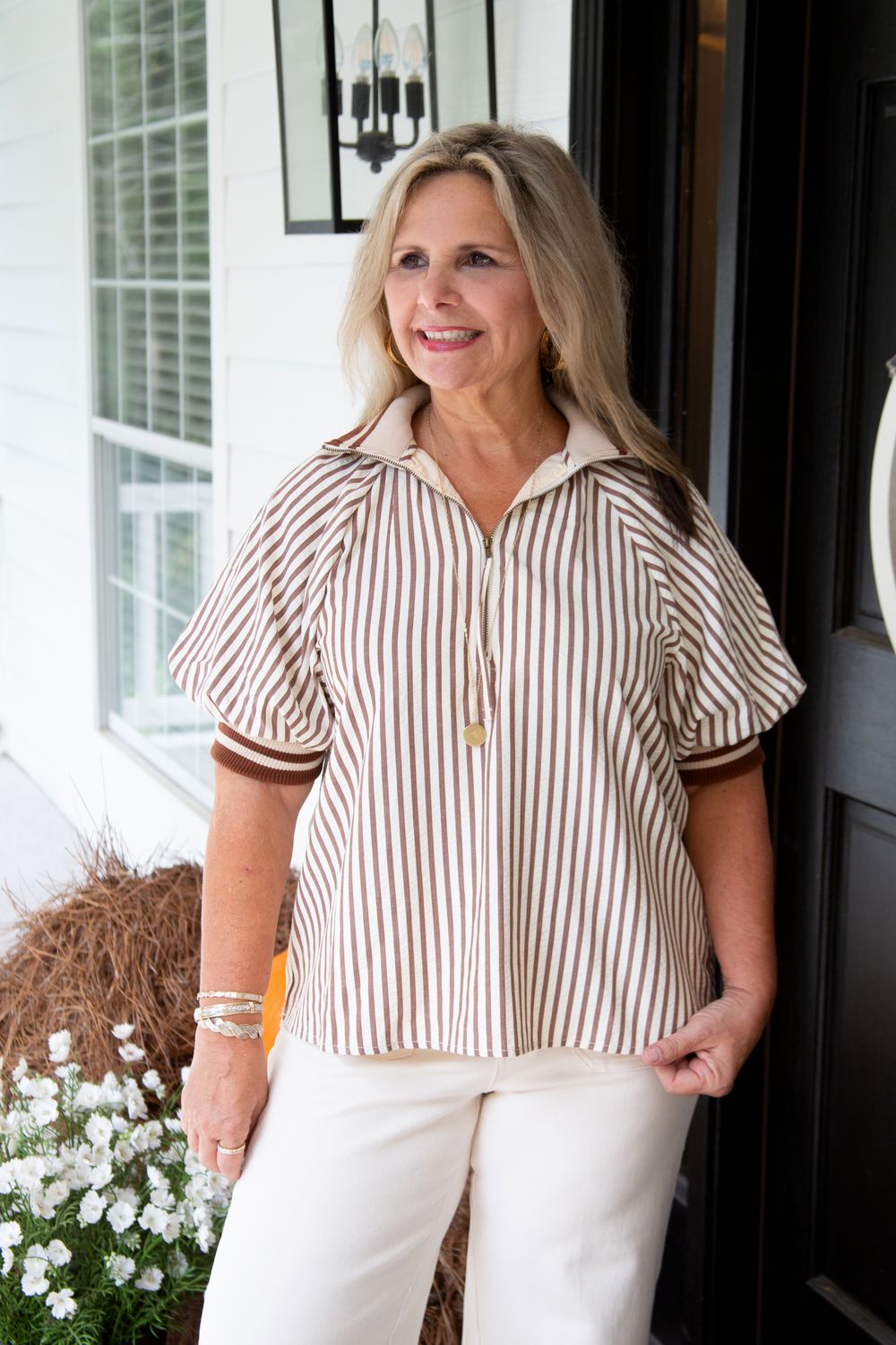 Keep it Up Accent Stripe Band Puff Sleeve Top