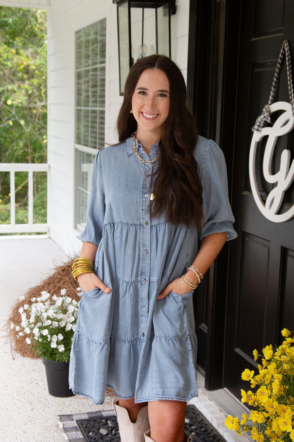 All Too Well 3/4 Washed Chambray Tiered Button Dress