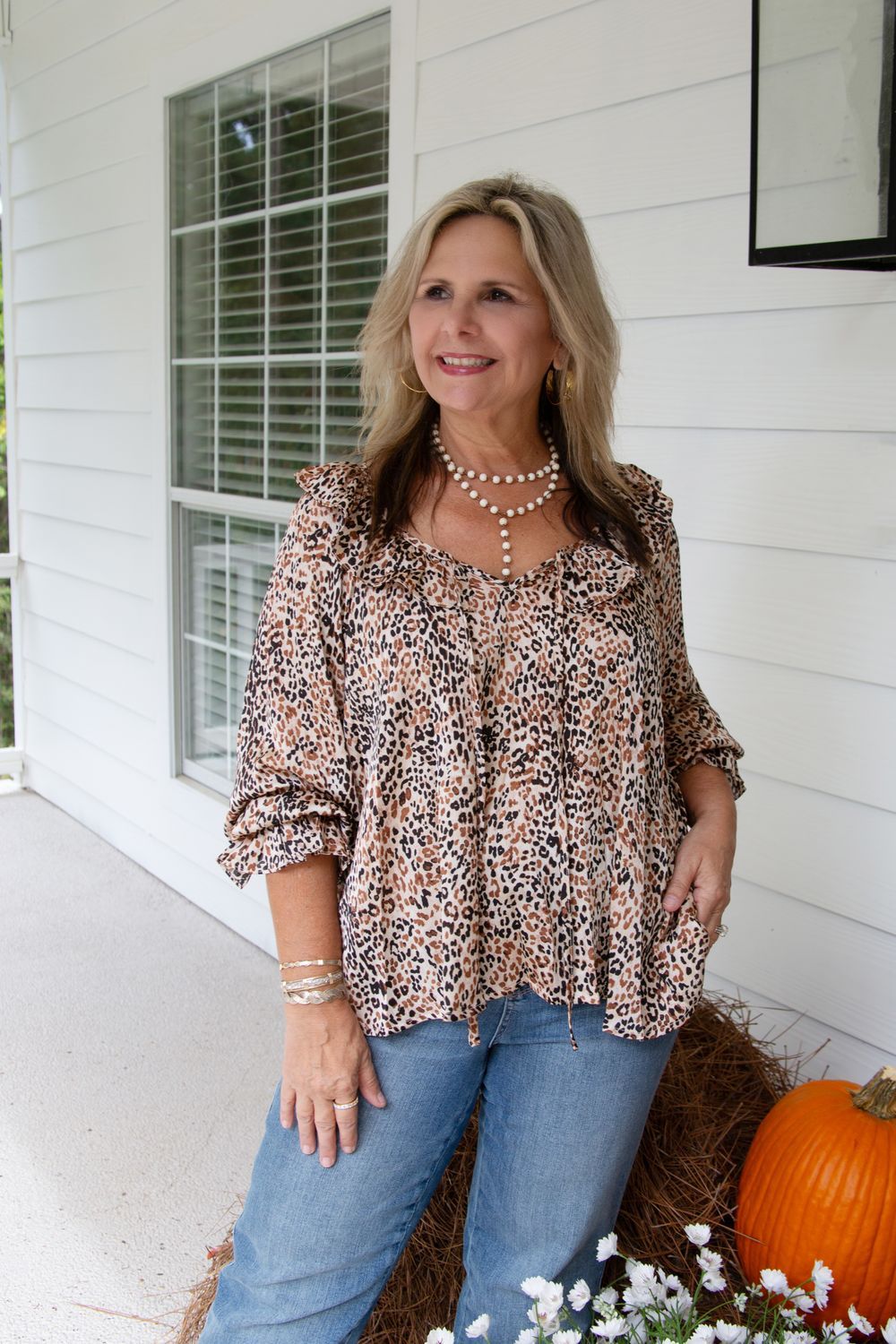 Moves Quickly 3/4 Sleeve Ruffle Leopard Front Tie Top