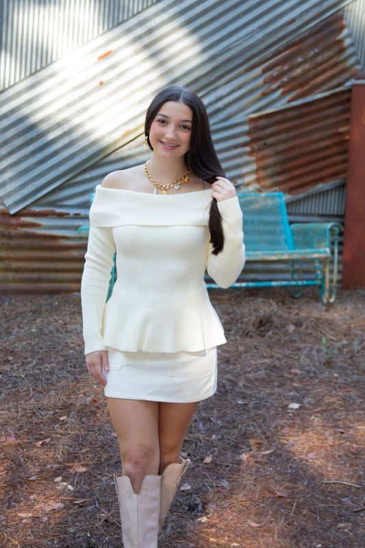 Born to Glow Off Shoulder Peplum Sweater