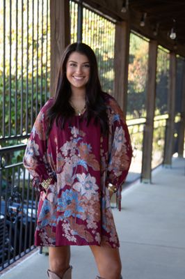 Redefined Beauty Floral Print V Neck Long Sleeve Mini Dress