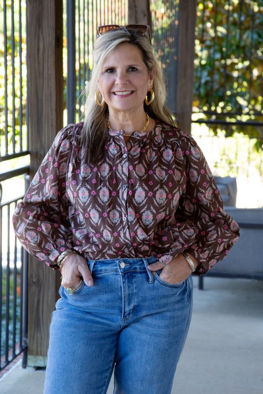 Daily Radiance Botanical Print Long Sleeve Button Down Top