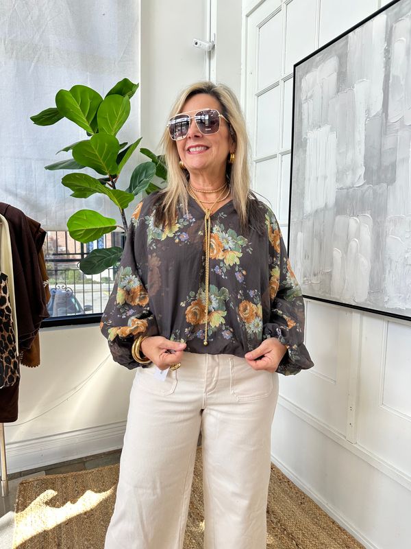 Handling Business Floral Print Long Sleeve Puff Top