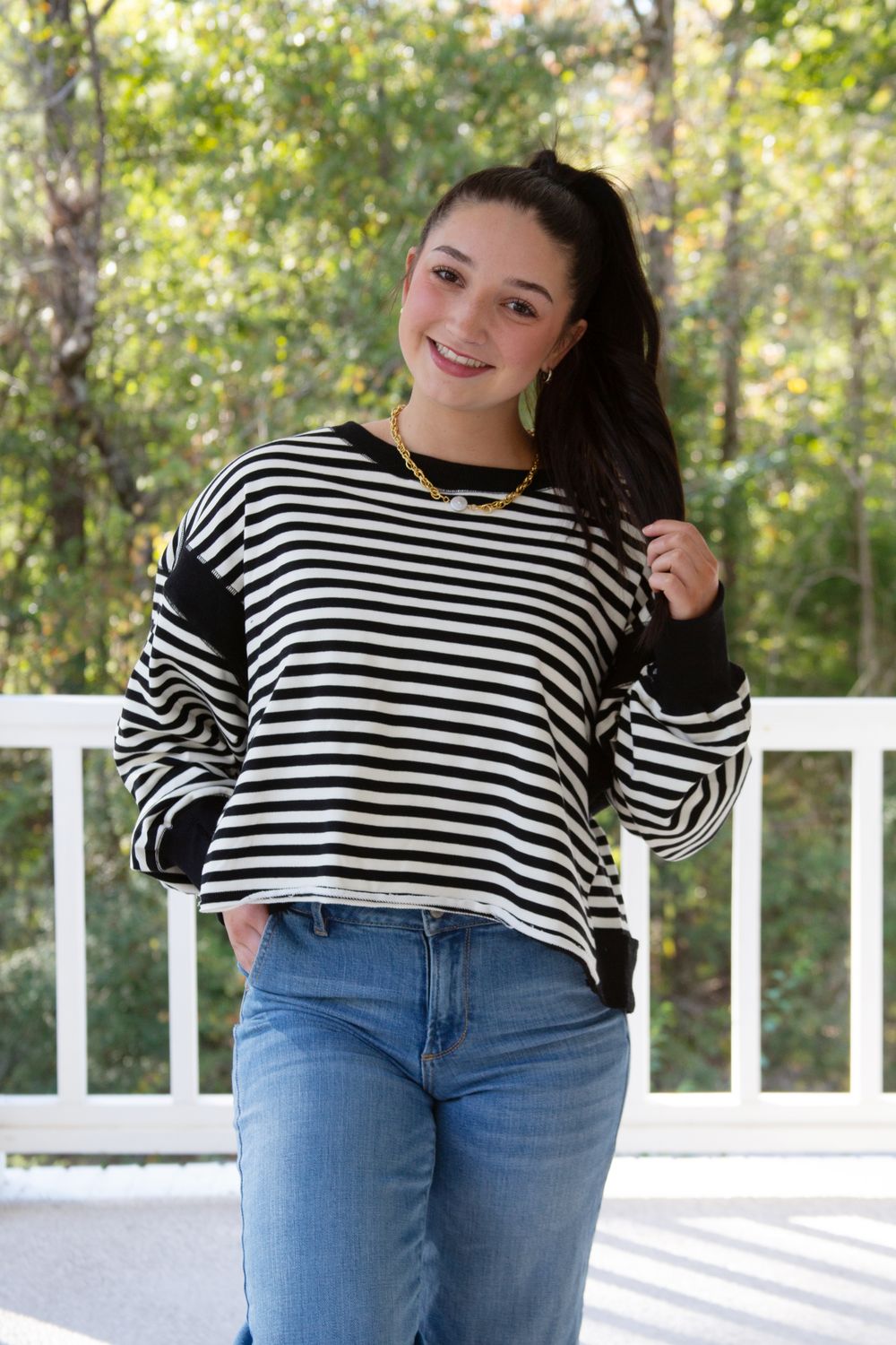 Making It Easy Striped Open Back Long Sleeve Top