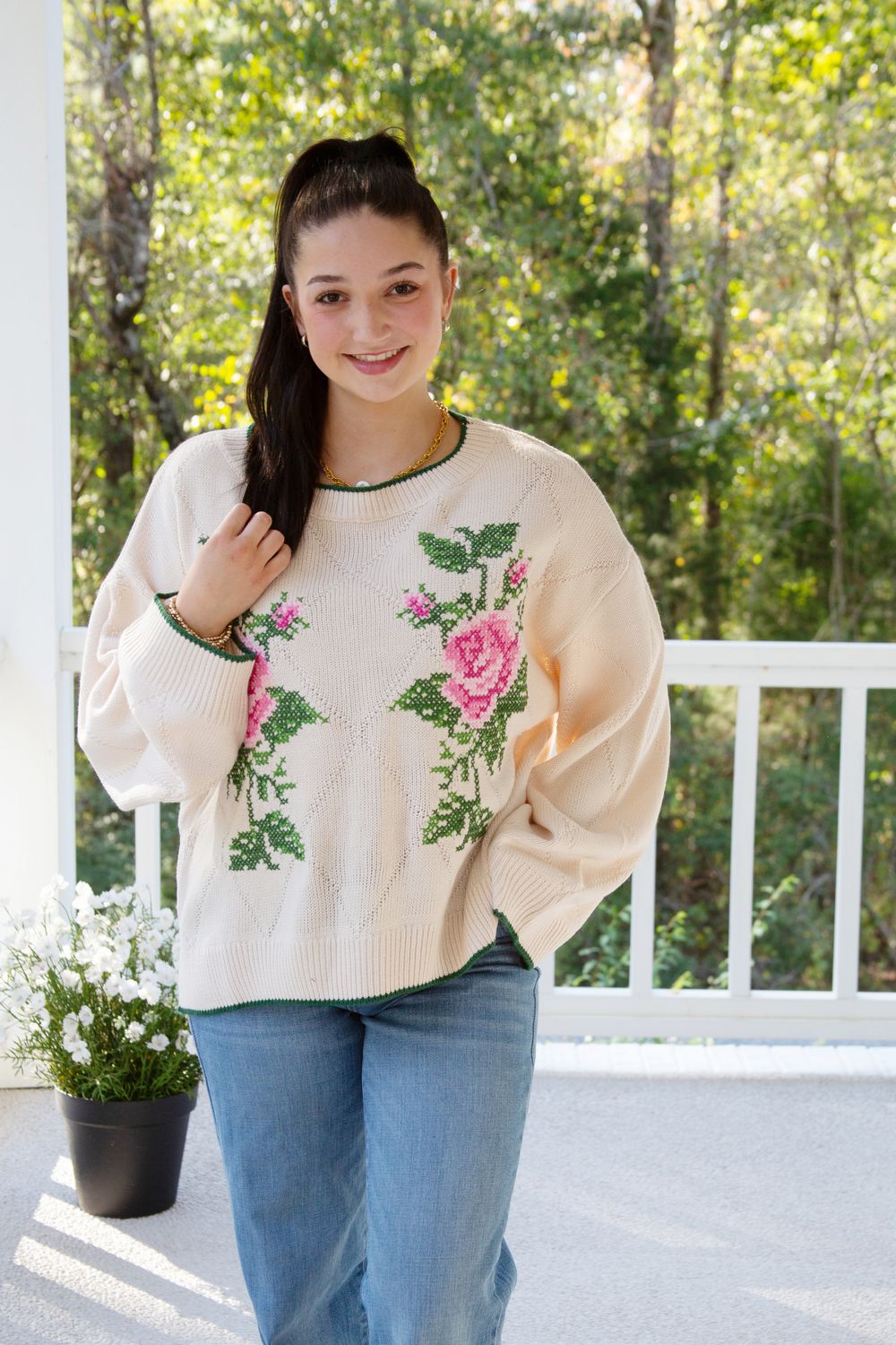 Take Your Heart Rose Embroidery Jacquard Knit Sweater