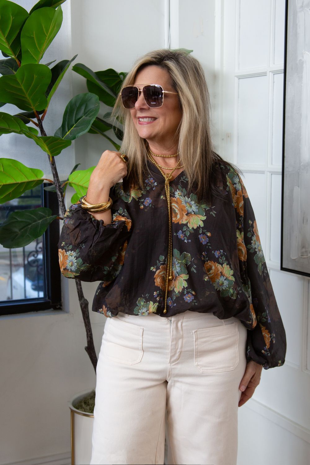 Handling Business Floral Print Long Sleeve Puff Top