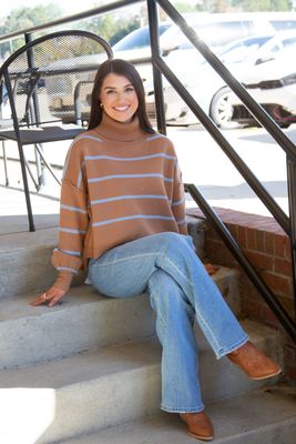 Cutie Calling Striped Turtle Neck High Low Sweater