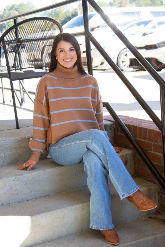 Cutie Calling Striped Turtle Neck High Low Sweater