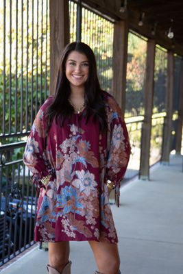 Redefined Beauty Floral Print V Neck Long Sleeve Mini Dress