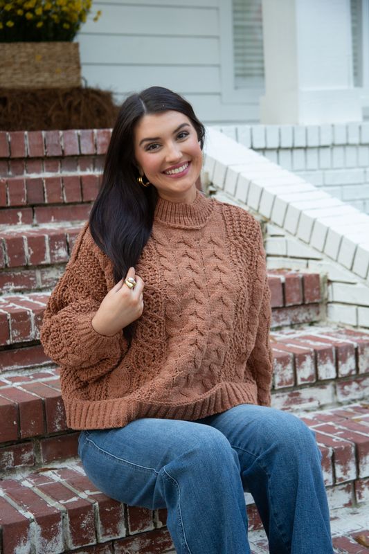 Friendly Competition Mock Neck Balloon Sleeve Cable Knit Sweater