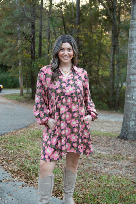 Sip &amp; Shop Balloon Sleeve Floral Babydoll Dress