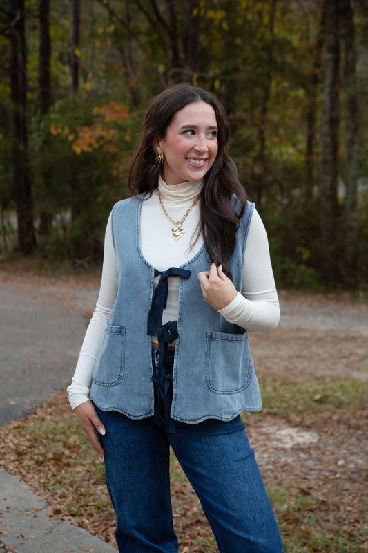 Pretty Persuasions Scallop Washed Denim Bow Tie Vest