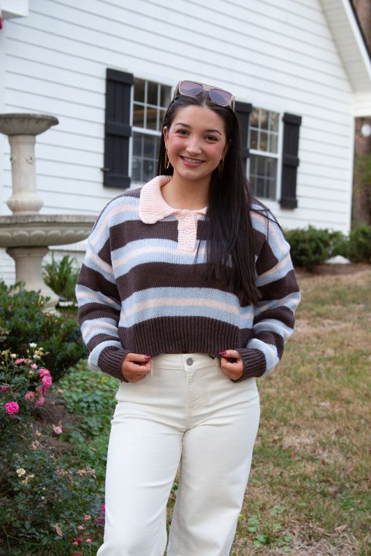 Before You Long Sleeve Collared Stripe Crop Sweater