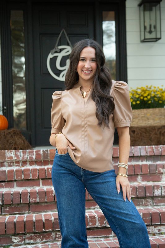Casual Conversations Split Neck Faux Leather Top