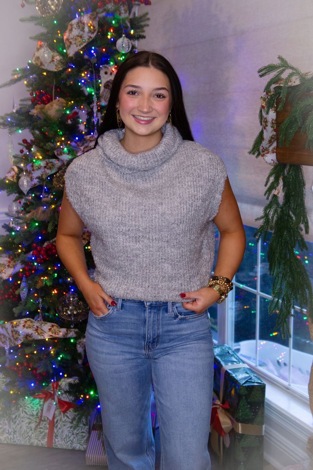 Shine Through Drop Shoulder Cowl Neck Sweater Top