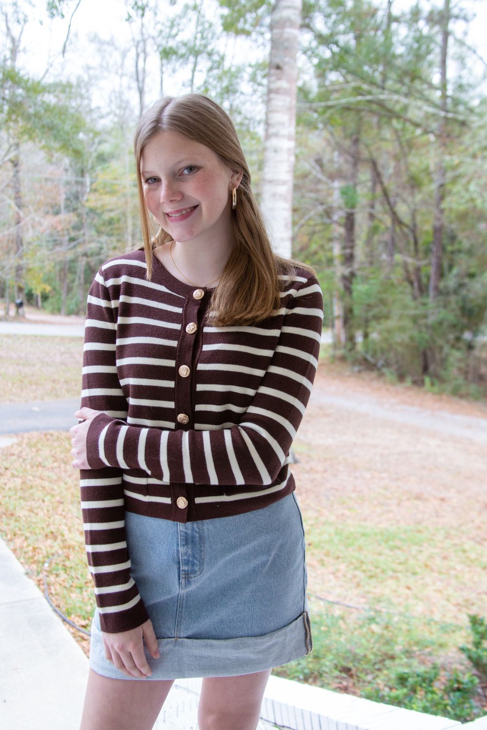 Get to Business Gold Button Stripe Cardigan
