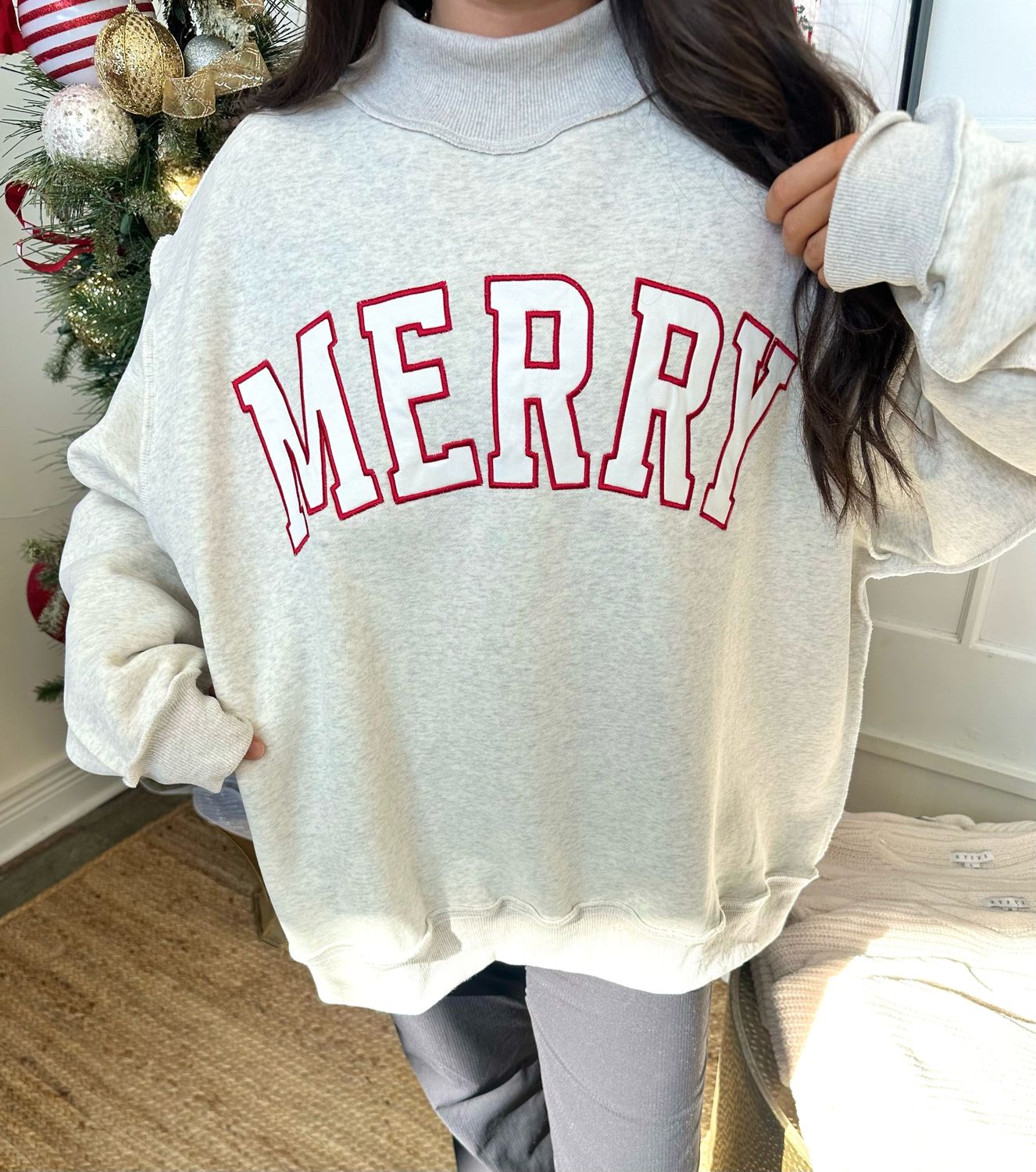 MERRY Embroidered Mock Neck Sweatshirt