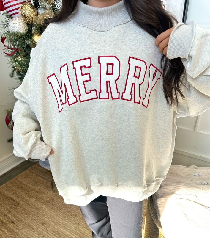 MERRY Embroidered Mock Neck Sweatshirt