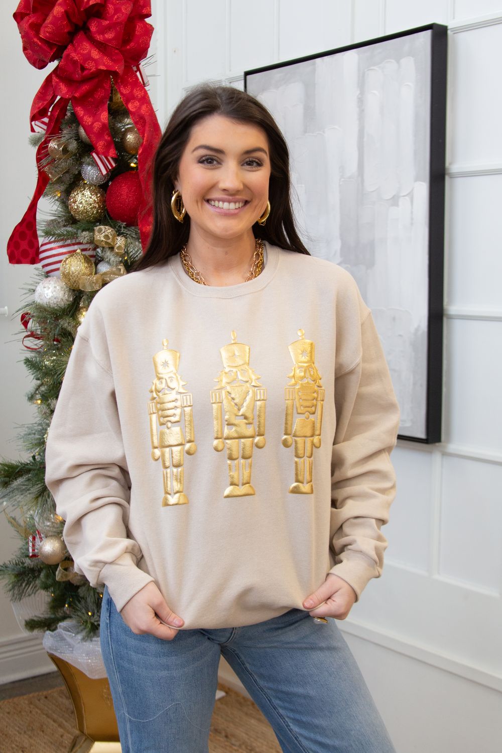 Nutcracker Metallic Puff Graphic Sweatshirt, Color: SANDSTONE, Size: SMALL