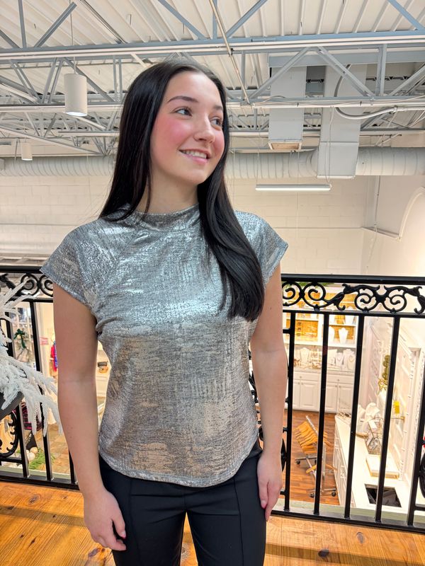 Take it Easy Metallic Mock Neck Cap Sleeve Top