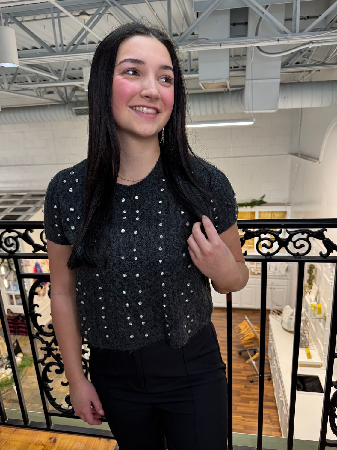 Living Lovely Embellshied Cable Knit Sweater 