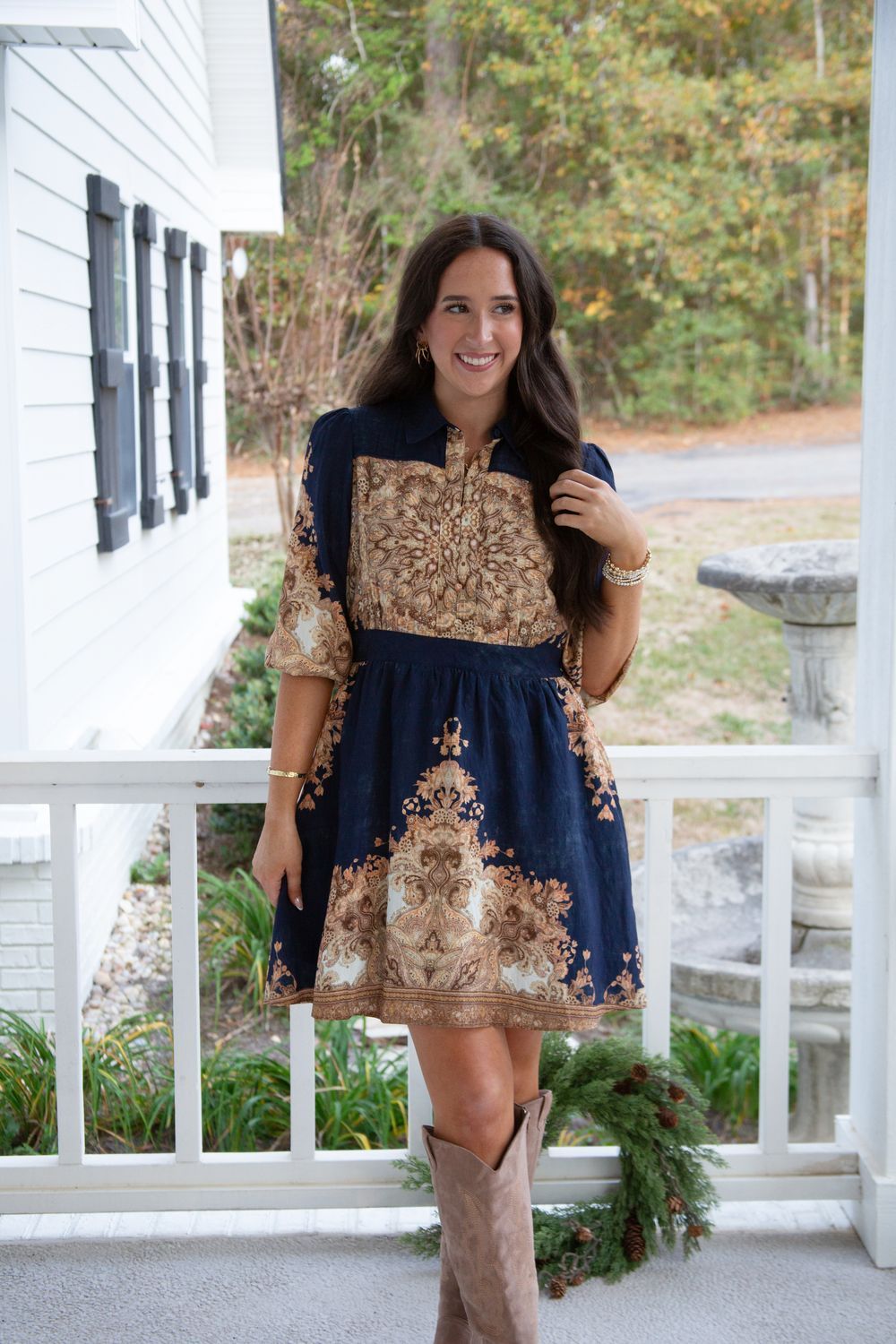 Out Of The Woods Button Down 3/4 Sleeve Dress