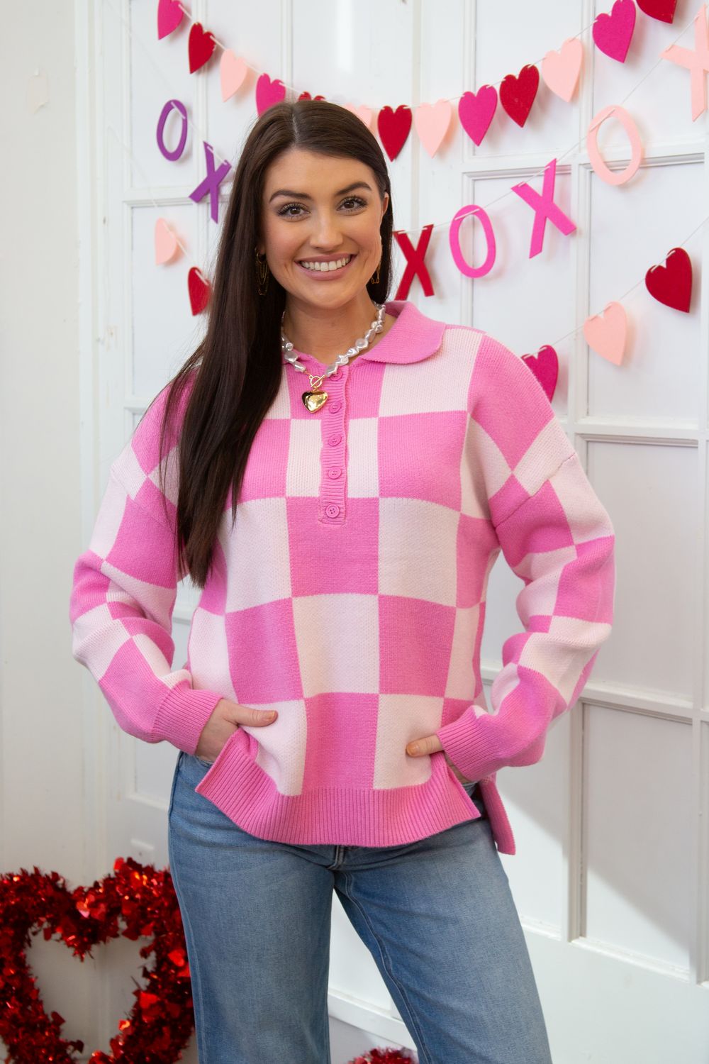 Making My Rounds Checker Collared Drop Shoulder Sweater