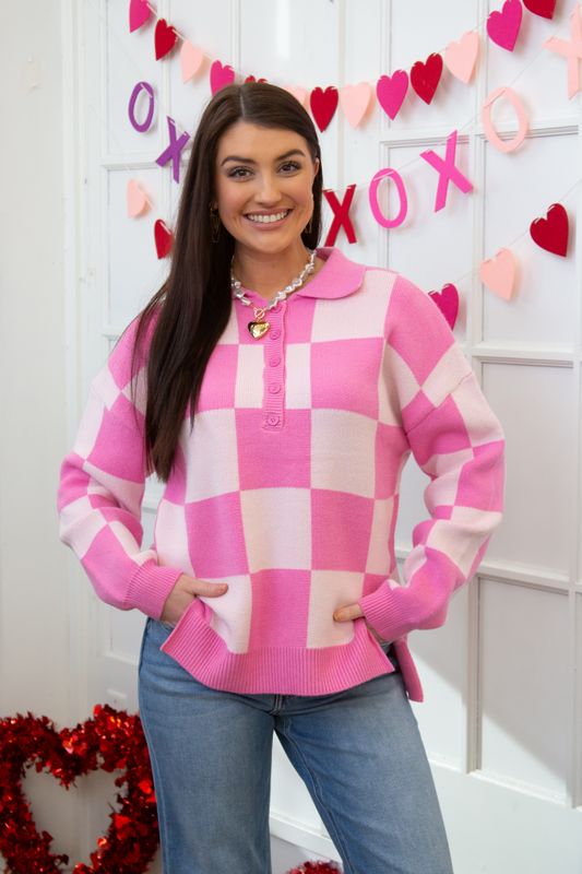 Making My Rounds Checker Collared Drop Shoulder Sweater