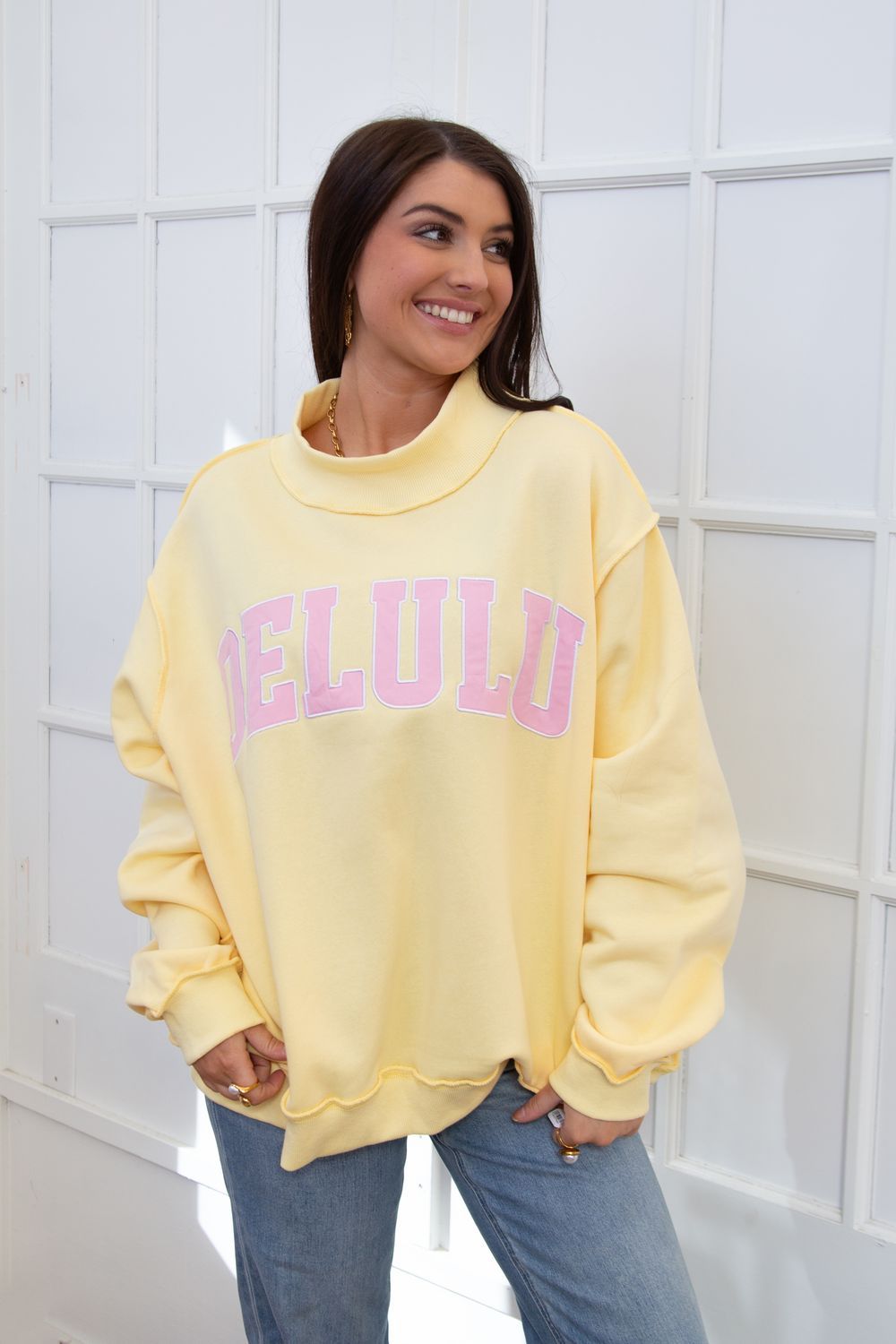 DELULU Embroidered Mock Neck Sweatshirt