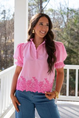 Makes Me Blush Embroidered Hem Top