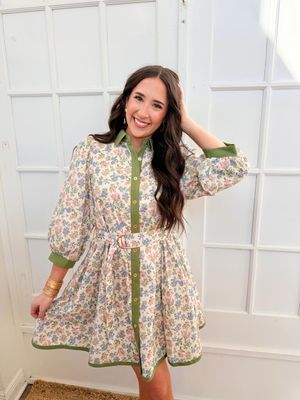 Floral Kisses 3/4 Sleeve Buckle Belt Mini Dress