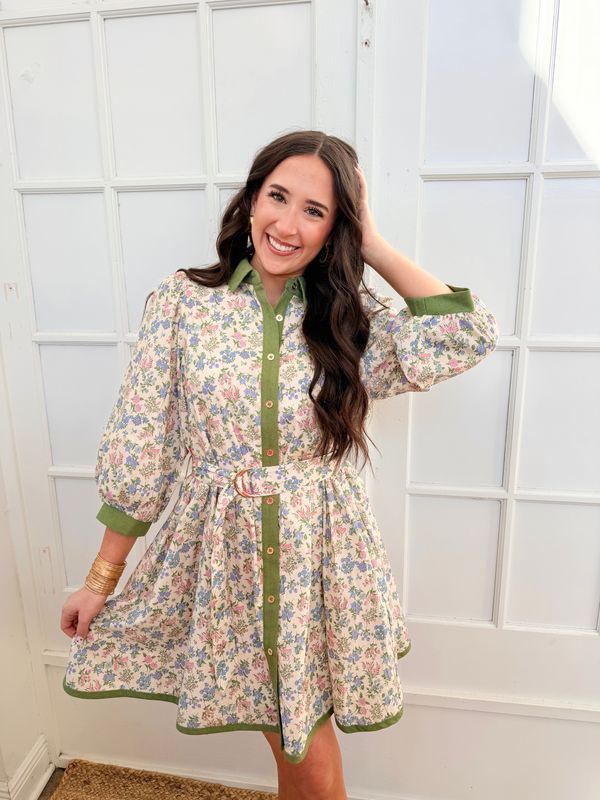 Floral Kisses 3/4 Sleeve Buckle Belt Mini Dress