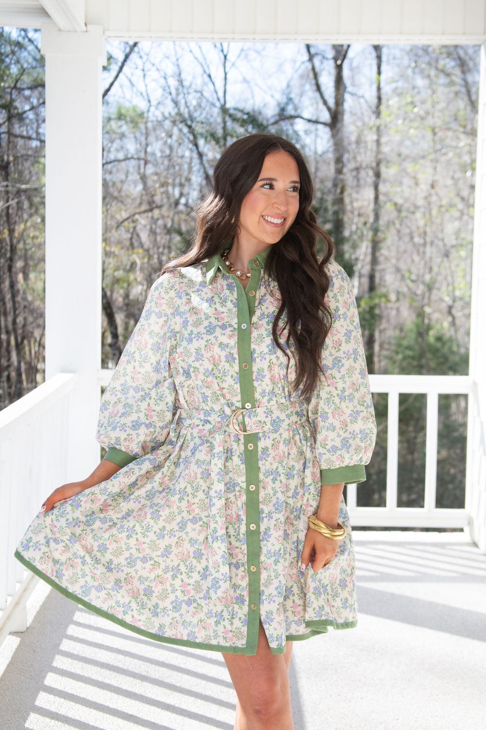 Floral Kisses 3/4 Sleeve Buckle Belt Mini Dress