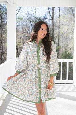 Floral Kisses 3/4 Sleeve Buckle Belt Mini Dress